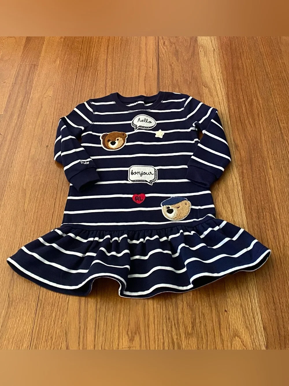 Ralph Lauren Navy and White Striped Knit Dress with Bear Patches